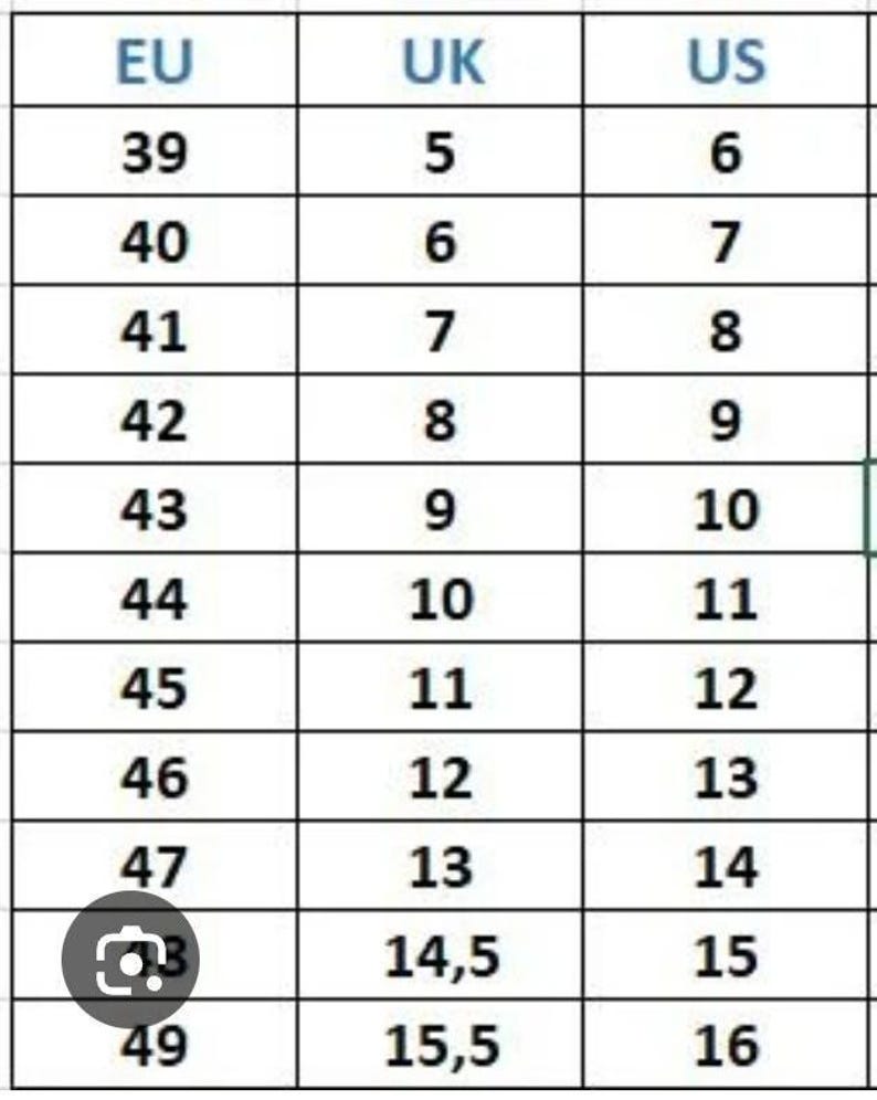 May include: A chart showing shoe size conversions between European, UK, and US sizes. The chart shows sizes from 39 to 49 in EU sizes, 5 to 15.5 in UK sizes, and 6 to 16 in US sizes.