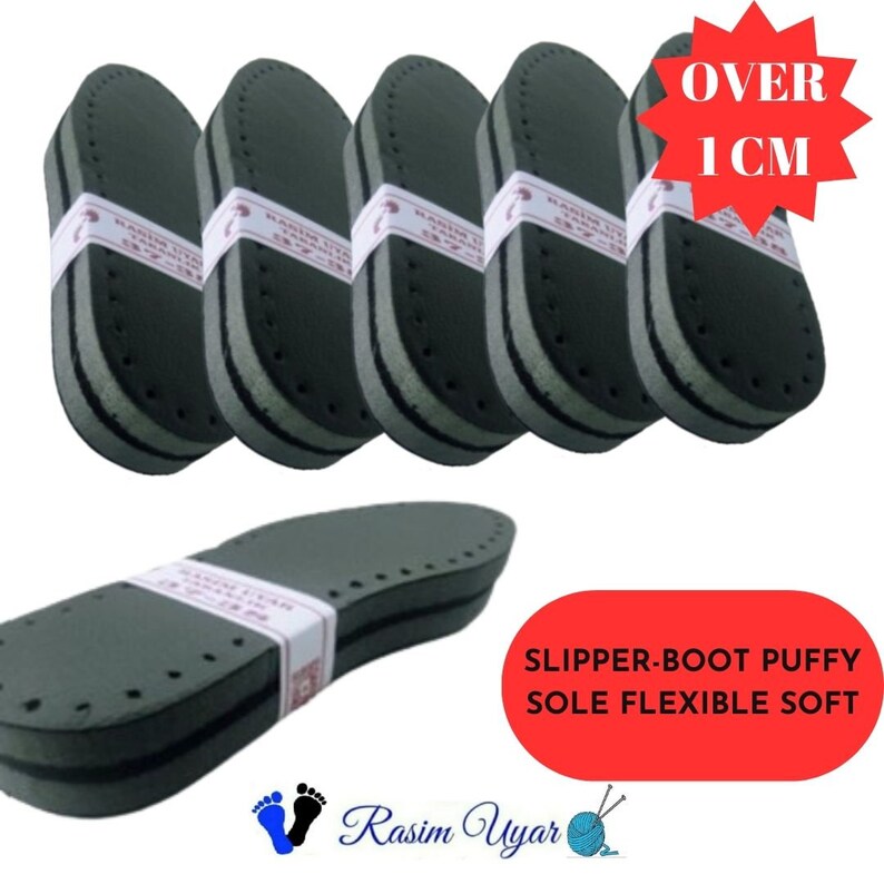 May include: Six pairs of black and gray puffy shoe soles, each over 1 inch thick. The soles are flexible and soft. The text "SLIPPER-BOOT PUFFY SOLE FLEXIBLE SOFT" is printed on a white label.