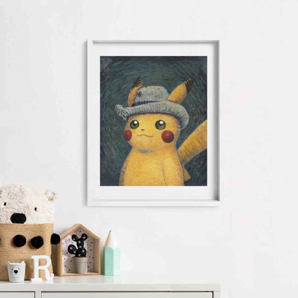 Pokemon Van Gogh Print, Pikachu Felt Grey Hat, Pikachu Print, Pokémon Print, Pokémon Artwork, Pikachu Print, Pikachu Van Gogh,Van Gogh Print