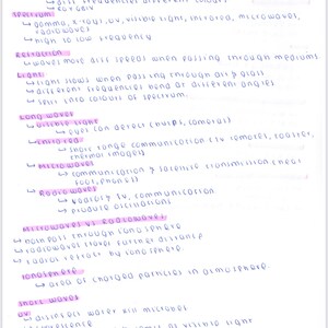 May include: Handwritten notes on a purple page explaining the electromagnetic spectrum, including the different types of waves, their frequencies, and uses. The notes include terms like "visible light", "infrared", "microwaves", "radio waves", "x-rays", and "gamma rays".