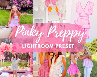 Könnte beinhalten: Eine Collage von Bildern mit rosa Thema, die junge Leute in stilvollen Outfits, Luftballons und Außenbereiche zeigt. Der Text "Pinky Preppy Lightroom Preset" ist in Rosa überlagert.