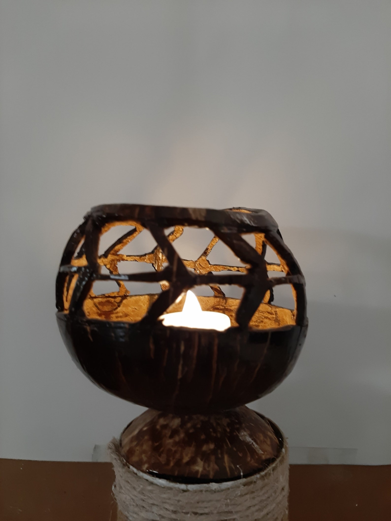 Hand crafted and carved coconut shell lamp. Etsy