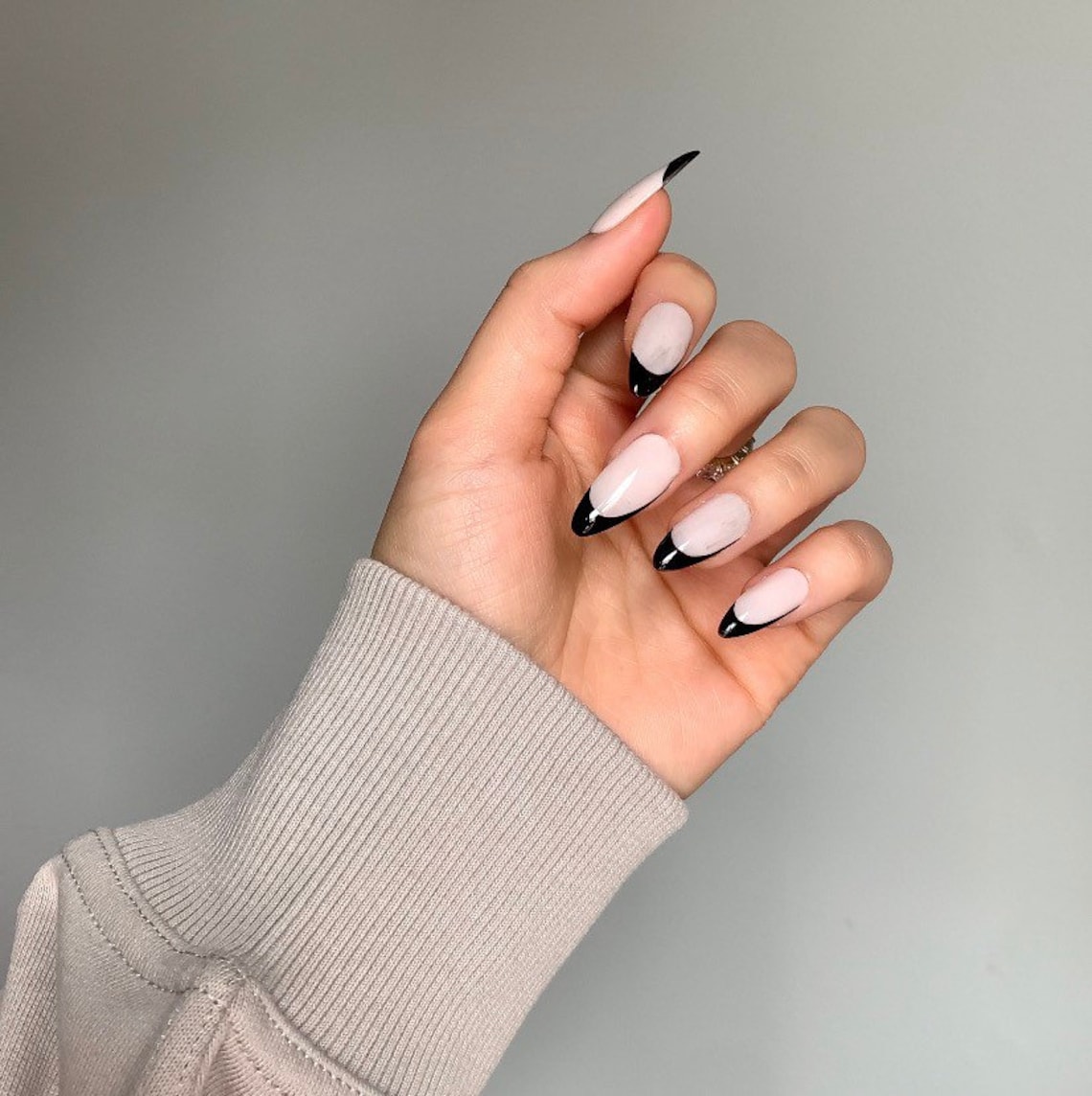 Black Crescent Asymmetrical French Tip Press On Nails | Etsy