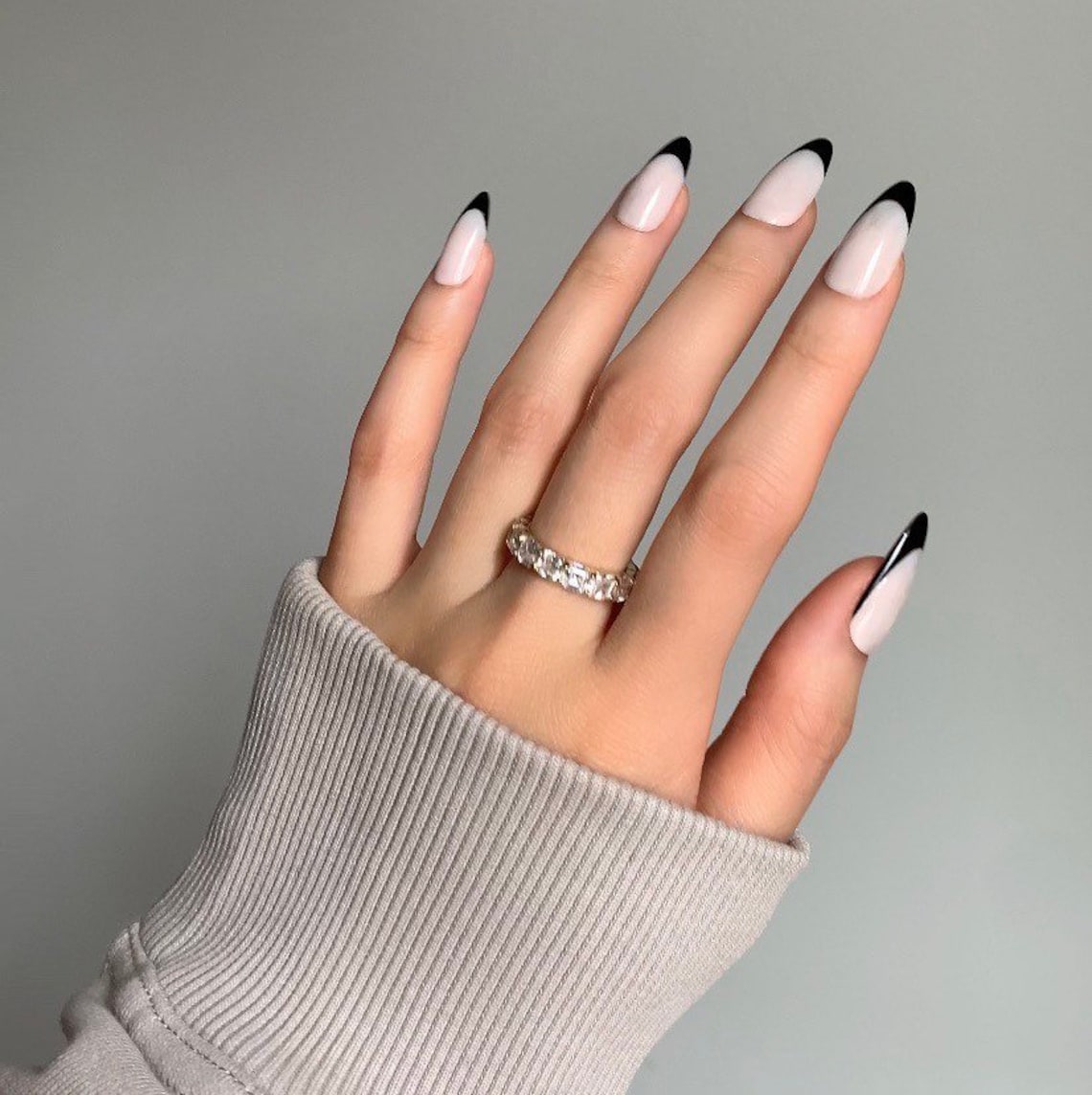 Black Crescent Asymmetrical French Tip Press On Nails | Etsy