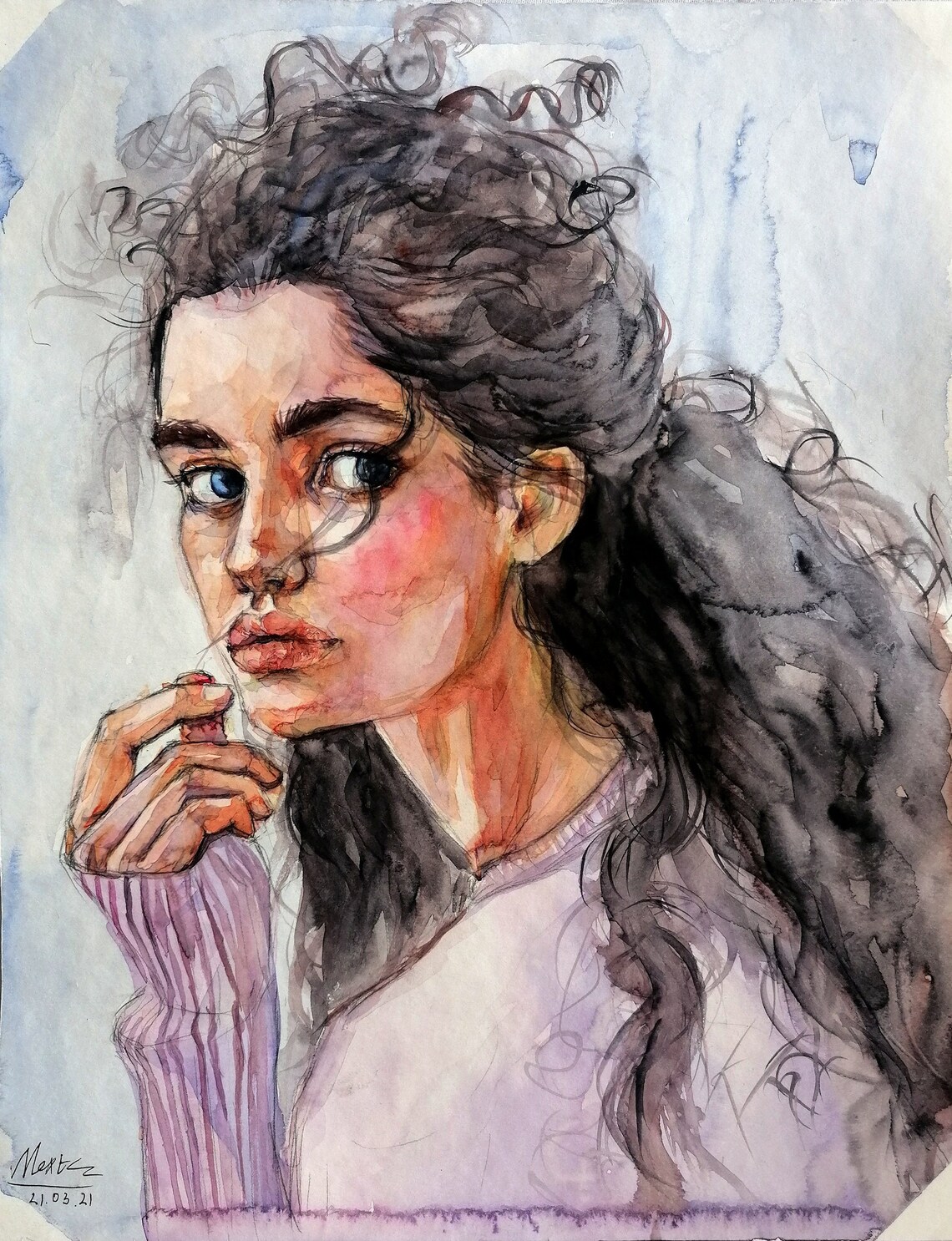 WOMAN PORTRAIT ORIGINAL watercolor painting curly hair girl Etsy