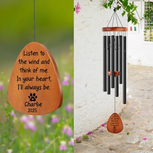May include: Wind chime with black tubes and a wooden teardrop-shaped pendant. The pendant has the text "Listen to the wind and think of me. In your heart, I'll always be. Charlie 2025."
