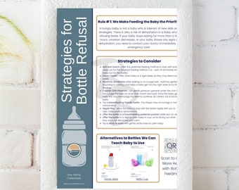 May include: A grey and white illustration of a bottle with the text "Strategies for Bottle Refusal" on a white brick background. The illustration is surrounded by text about bottle feeding strategies and alternatives to bottles. The text includes the words "Rule #1: We Make Feeding the Baby the Priority", "Strategies to Consider", "Alternatives to Bottles We Can Teach Baby to Use", and "Scan to Learn More Here with Bottle Feeding".