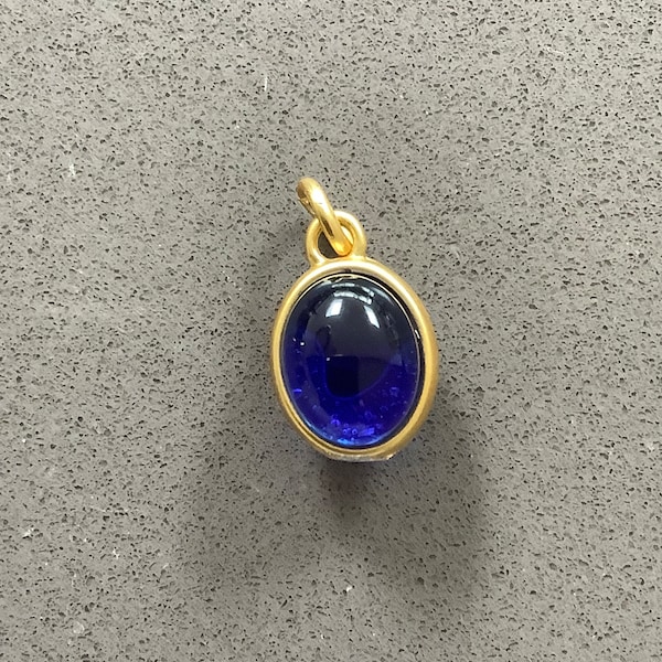 Gripoix style double sided blue glass gold tone dainty oval egg pendant charm