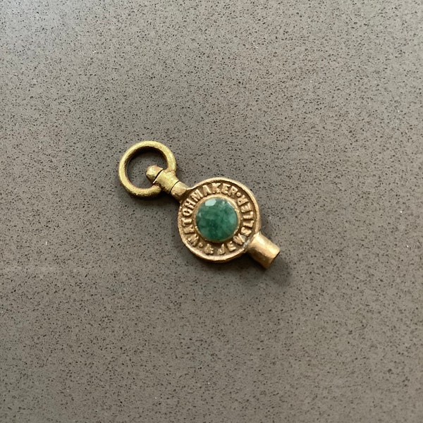 Antique dainty mini Advertising pocket watch key brilliant cut round green emerald pendant charm - May birthstone