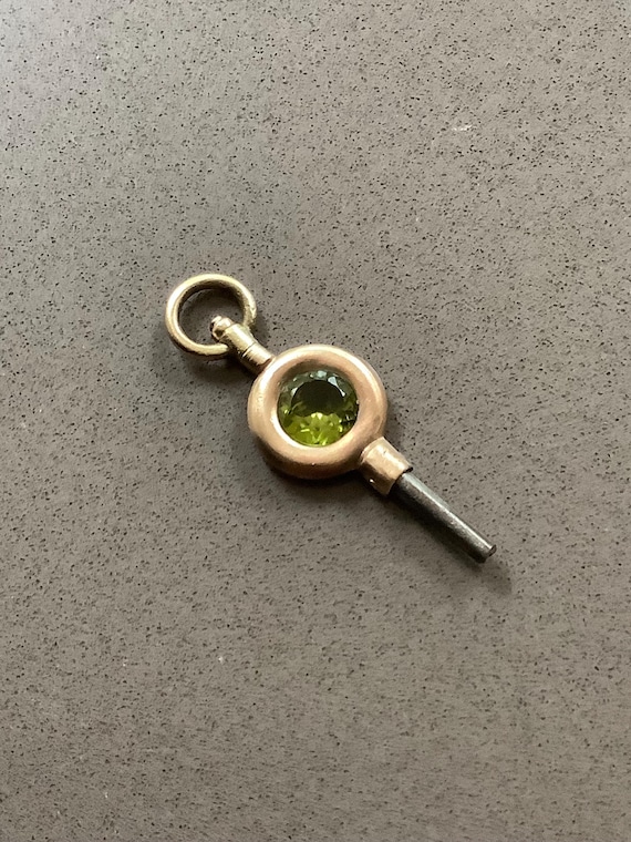 Antique Victorian dainty swivel top pocket watch key 7 mm natural round green peridot pendant charm Fob