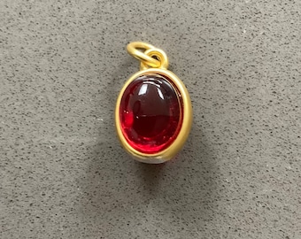 Gripoix style double sided red glass gold tone dainty oval egg pendant charm