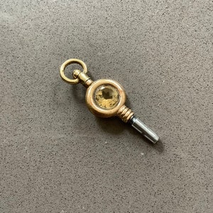 Antique Victorian Gold Tone Pocket Watch Key Winder 7 mm Round brilliant cut Yellow Brazil Citrine Pendant Charm Fob
