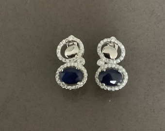 Brand new natural oval blue sapphire, silver disc CZ crystals Stirling silver 925 doublet double ring lever latch back earrings