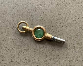 Antique Victorian Gold Tone Pocket Watch Key Winder swivel top 6 mm Round brilliant cut faceted green emerald Pendant Charm Fob