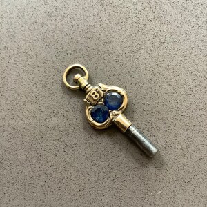 Antique gold tone Swivel top Pocket Watch Key Winder natural double blue Madagascar sapphire Pendant Charm Fob size 8 Sept birthstone