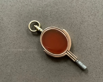 Antique 9 carat gold large flat oval carnelian spinner pocket watch key winder swivel top pendant