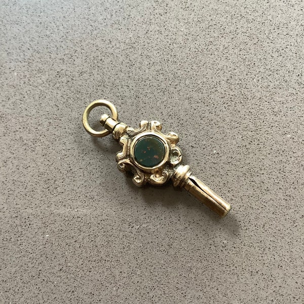 Antique Victorian dainty ornate gold cased repousse pocket double sided bloodstone flat disc watch key winder pendant charm fob
