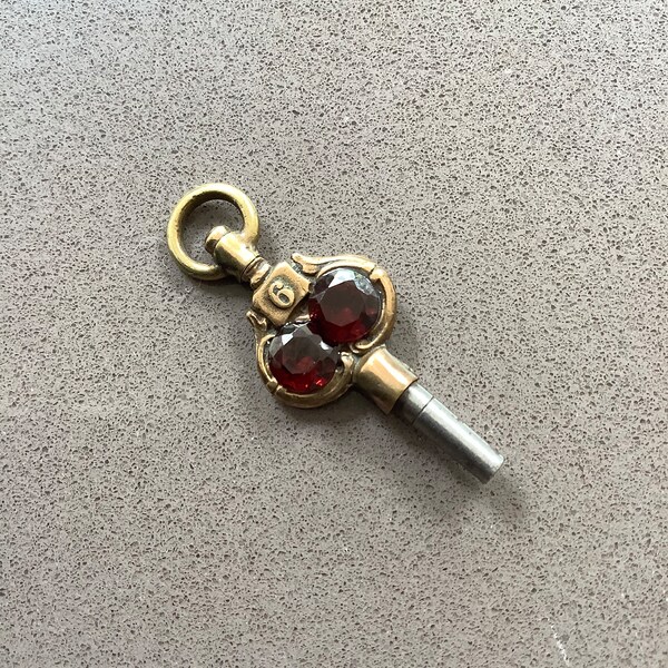 Antique gold tone Swivel top Pocket Watch Key Winder natural double red garnet Pendant Charm Fob size 6