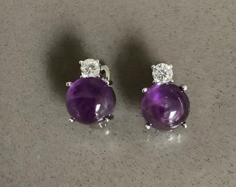 Brand new Natural Amethyst round cabochon CZ doublet lever latch back English lock white gold plated sterling silver 925 earrings