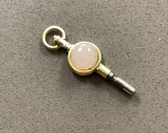 Antique Victorian pocket watch key pink jade cabochon swivel top pendant charm size 2