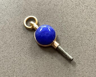 Antique G Seifert & Sons, Quebec Canada Advertising pocket watch key 12 mm round blue Jade cabochon pendant charm fob