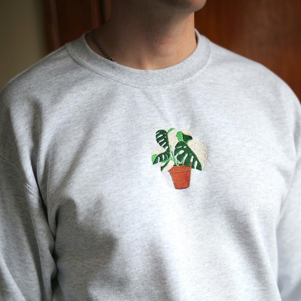 Monstera Albo Sweatshirt, Embroidered Crewneck Sweater, Plant Shirt, Variegated Monstera Crewneck, Plant Parent Gift, Monstera Shirt