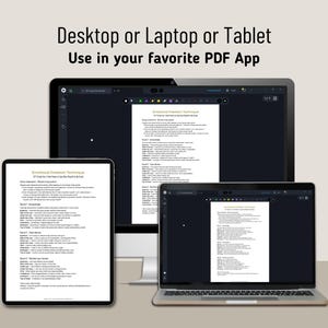 May include: A desktop computer, a laptop, and a tablet displaying a digital document titled Emotional Freedom Technique. The text at the top reads Desktop or Laptop or Tablet. Use in your favourite PDF App. The screens show a script for tapping.