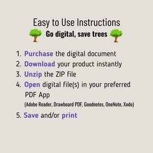May include: A digital instruction guide with the text: Easy to Use Instructions, Go digital, save trees, featuring two green tree icons. The list includes five steps: Purchase the digital document, Download, Unzip, Open in PDF App, and Save and/or print.