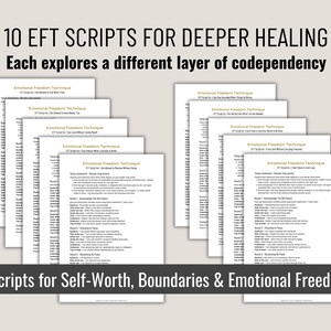 May include: A collection of 10 printed Emotional Freedom Technique scripts on white paper, organised into two stacks. The text includes the title 10 EFT SCRIPTS FOR DEEPER HEALING and Scripts for Self-Worth, Boundaries & Emotional Freedom.