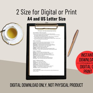 May include: A black clipboard holding a document titled Emotional Freedom Technique, featuring text about tapping points. Beside it are a white teacup on a saucer, a gold pen, and a red circular badge stating INSTANT DOWNLOAD DIGITAL OR PRINT.
