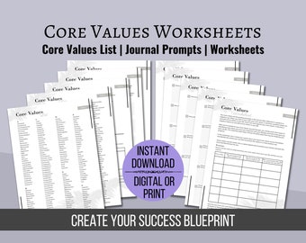 Core Values Worksheet Bundle, Journal Prompts (Printable PDF)