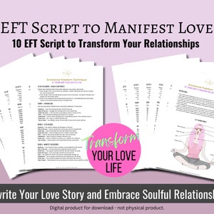 Könnte beinhalten: Ein digitales Produkt zum Herunterladen, dieser druckbare Leitfaden enthält 10 EFT-Skripte, die helfen, Beziehungen zu transformieren. Das Titelbild zeigt eine rosa und weiße Illustration einer meditierenden Frau mit dem Text "Verwandle dein Liebesleben" und "Schreibe deine Liebesgeschichte neu und umarme herzliche Beziehungen".