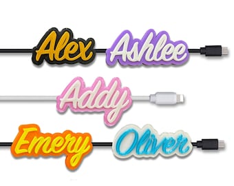 Gepersonaliseerde cursief naamplaatje oplaadsnoer: aangepaste kabelclip voor iPhone en Android