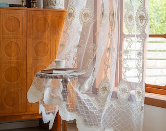 Romantic French Style Beige Ivory Lace Embroidered Tulle Curtain with Scalloped Edge, Vintage Floral Curtains for Living Room & Bedroom