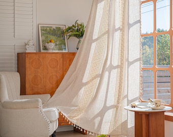 Beige Boho Vorhang, Häkeln Hohl Spleißen Vorhang, Bauernhaus-Stil Polyester Leinen Vorhang für Schlafzimmer, Wohnzimmer, Semi Blackout Vorhang