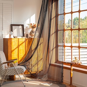 Cortinas bohemias de encaje de ganchillo negro con flores, cortina de cocina estilo rústico que filtra la luz, cortina calada con borla, panel de ventana semitransparente estilo café.