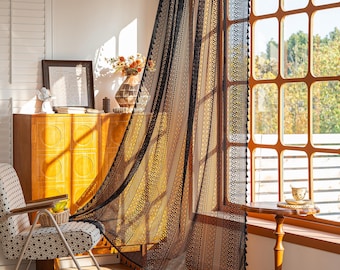 Boho Schwarz Häkelspitze Blumen Vorhänge, Bauernhaus Licht Filterung Küchenvorhang, Hohlvorhang mit Quaste, Cafe Semi-Sheer Fenster Panel