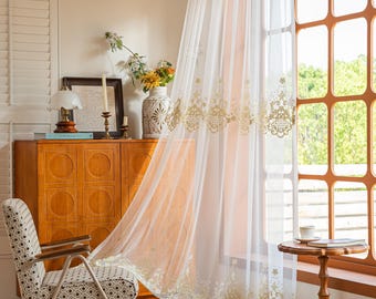 Extra Wide French Embroidered Floral Sheer Curtain, Gold Embroidery  Ruffled Tulle Window Curtains, Curtain Panels for Bedroom, Living Room