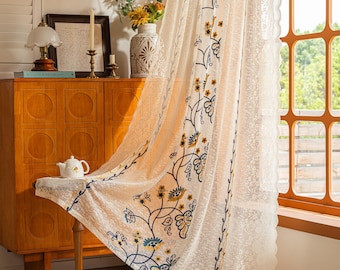 Bohomian Lace Embroidery Flowers Curtains, Beige Hollow Semi-Sheer Curtain Valances, Farmhouse Kitchen Curtain, Cafe Curtain with Tassels