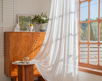 Boho Vorhänge, Bauernhaus Küchenvorhang mit Quaste, Leinen Gardinen für Schlafzimmer, Wohnzimmer, Benutzerdefinierte Größen Drapierung