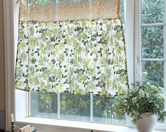 Baumwoll-Leinen-Grünpflanzen und Wildblumen Kurze Vorhänge mit Bindespitze, Bauernhaus-Küchenvorhang, geeignet als Drapierung für Café und Schränke