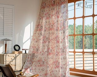 Farmhouse Curtains, Floral Curtains, Boho Style Cotton Linen Red Pink Curtains for Bedroom, Living Room, Semi Blackout Curtain, Window Decor