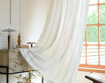 White Boho Chic Curtain, Linen Curtain Panel, New Farmhouse Countryside Kitchen Curtains, Curtains for Living Room and Bedroom, Custom Sizes