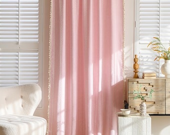 Hellrosa Shabby Chic Boho Fenstervorhang, Naw Bauernhaus Landschaft Küchenvorhänge mit Quasten, Vorhänge für Wohnzimmer und Schlafzimmer