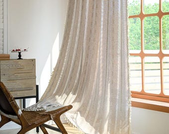 Light Khaki Boho Chic Curtain, Cotton Linen Curtain Panel, Farmhouse Countryside Kitchen Curtains, Curtains for Living Room and Bedroom