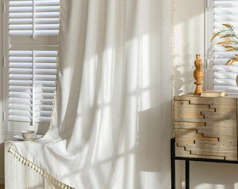 Weißer Shabby Chic Boho Fenstervorhang, Baumwolle Leinen Bauernhaus Landschaft Küchenvorhang mit Quasten, Vorhänge für Wohnzimmer und Schlafzimmer
