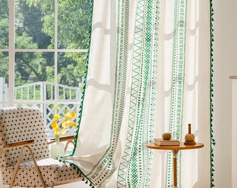 Green Boho Style Curtains, Cotton Linen Curtains, Printed Curtains, Naw Farmhouse Curtain for Bedroom, Living Room, Custom Curtains Sizes