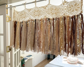 Rustikaler Shabby Chic Boho Fenstervorhang Volant, Beige Brauner Spitzenvolant, Cafe Vorhang, Bauernhaus Landhaus Küchenvorhang, H 63 cm