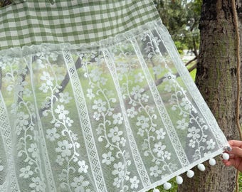 Green Gingham Short Curtains with Tie Top, White Retro Embroidered Flower Short Curtains, French Style Lace Sheer Curtains, Cafe Curtains