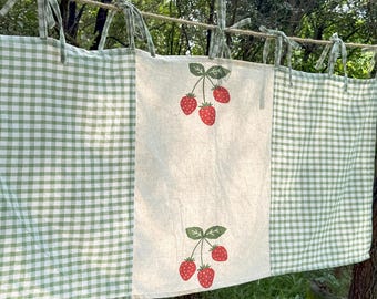 Green Gingham Cafe Curtains Valances, Farmhouse Country Kitchen Curtains, Fruit Strawberry Cotton Linen Half Curtains, Custom Curtains Sizes
